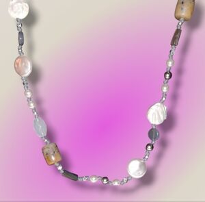 Pearl, Stone beaded cord necklace vintage button close Bohemian Gemstone